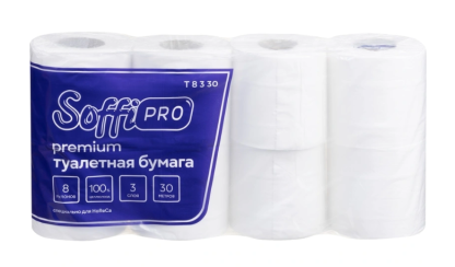 Бумага туалетная в рулоне SoffiPro Premium 3 сл без тиснения белая 30 м 8рул/уп (артикул производителя Т8330)