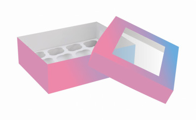 Коробка для пирожных с окном 250х170х100 мм картон розово-голубая